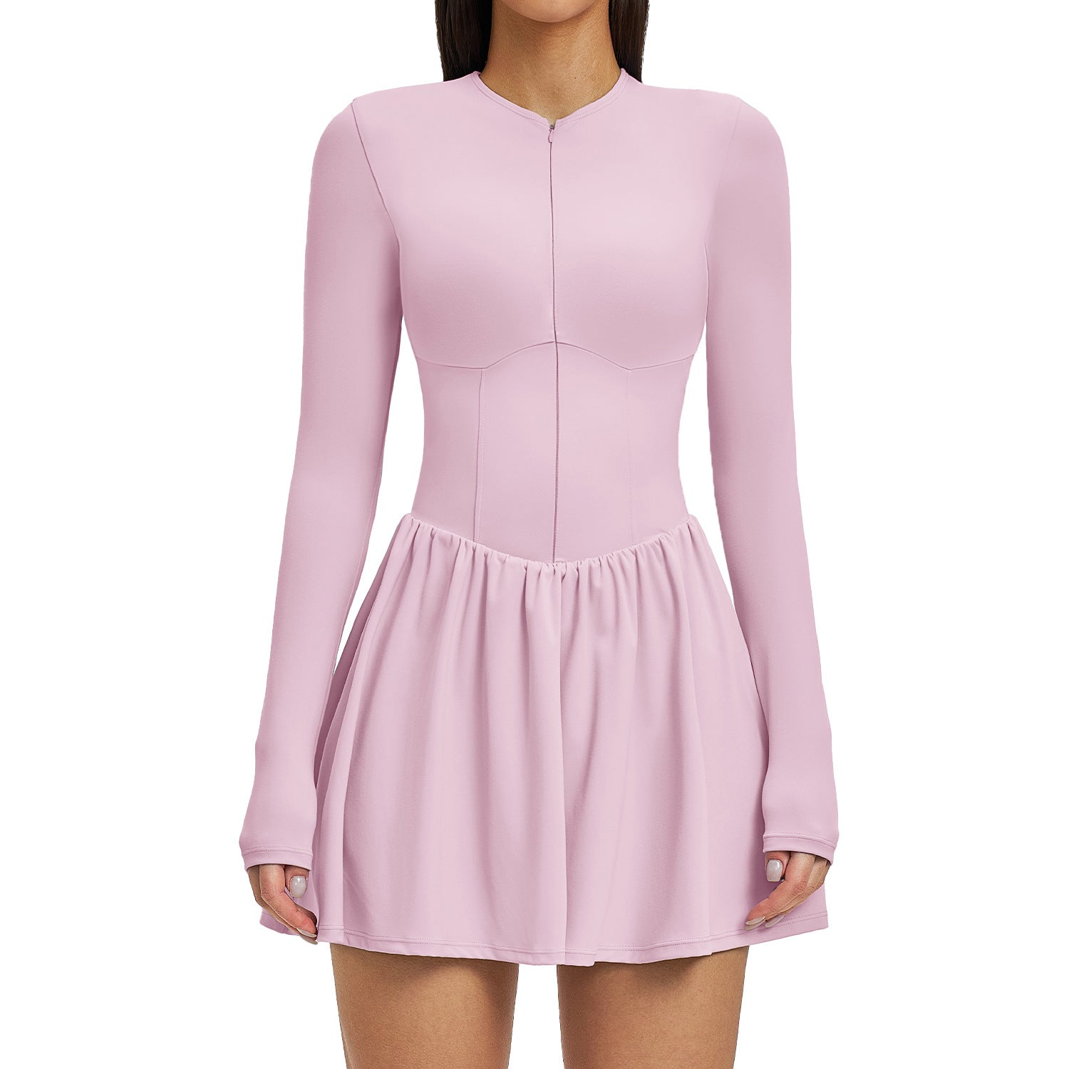Women’s Mock Two-Piece Long Sleeve Tennis Dress with Built-In Shorts and Pocket