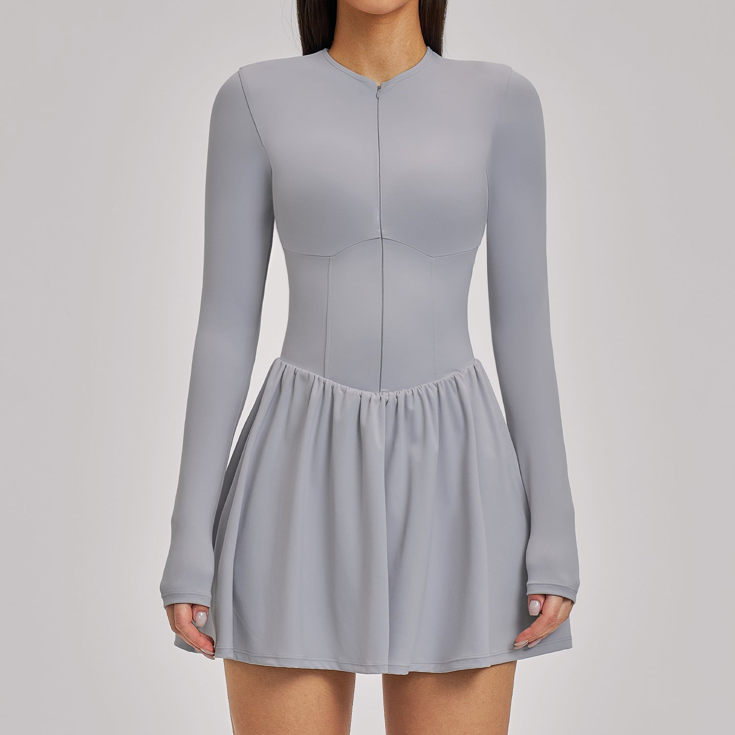 Women’s Mock Two-Piece Long Sleeve Tennis Dress with Built-In Shorts and Pocket