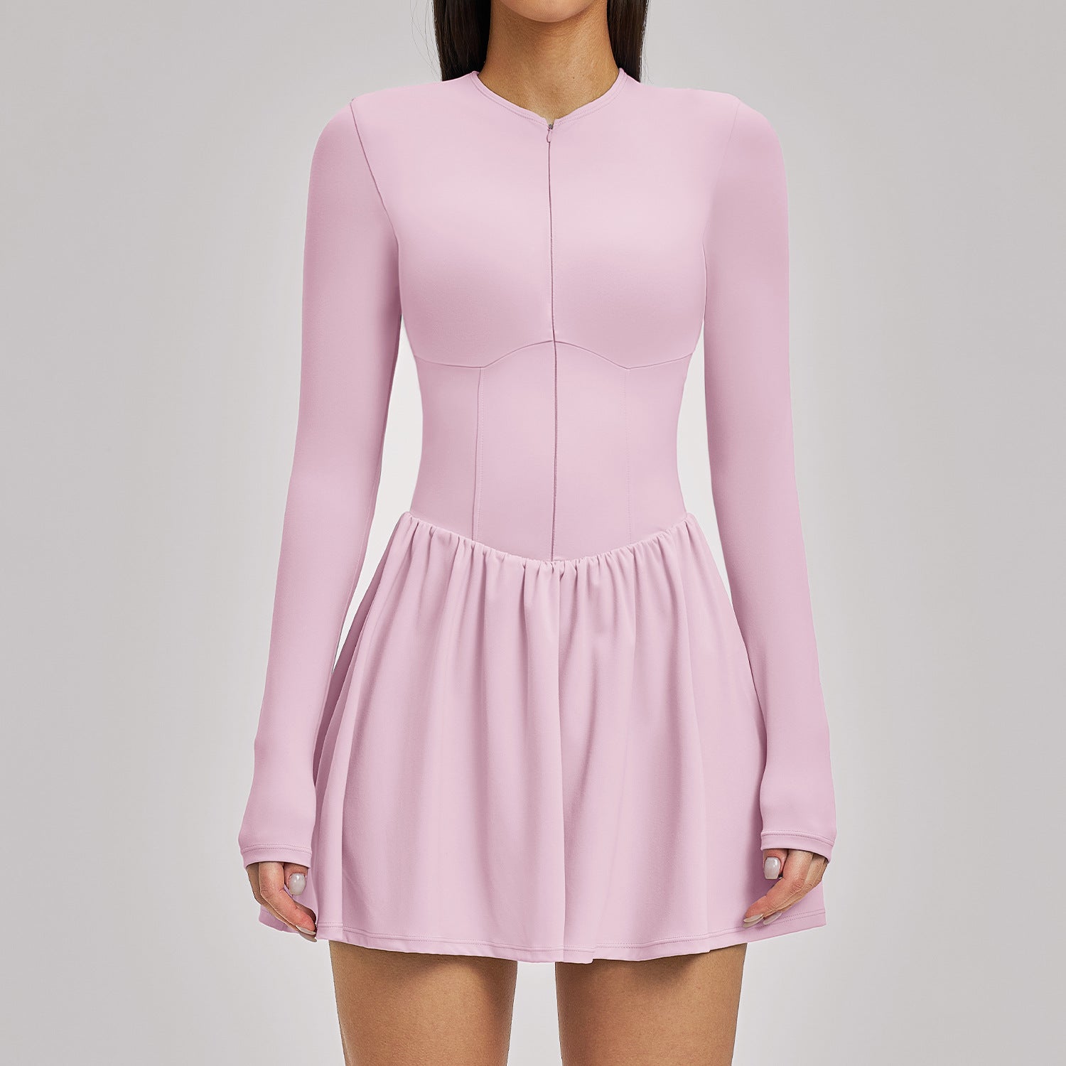 Women’s Mock Two-Piece Long Sleeve Tennis Dress with Built-In Shorts and Pocket