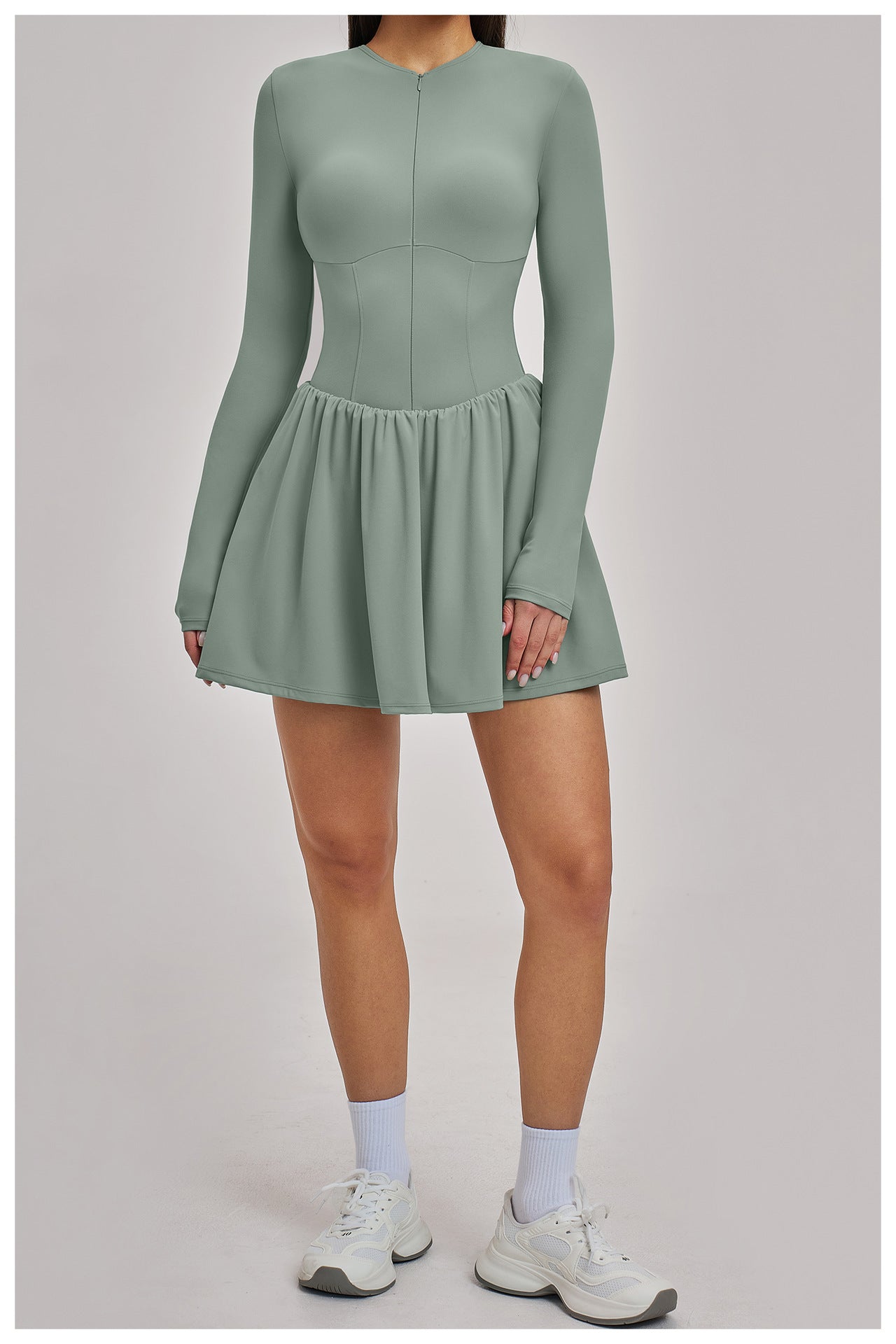 Women’s Mock Two-Piece Long Sleeve Tennis Dress with Built-In Shorts and Pocket