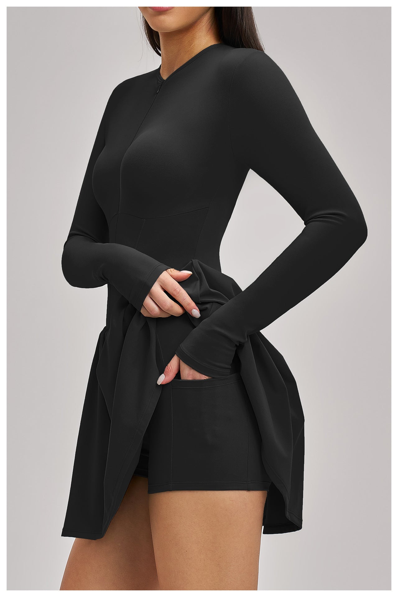 Women’s Mock Two-Piece Long Sleeve Tennis Dress with Built-In Shorts and Pocket