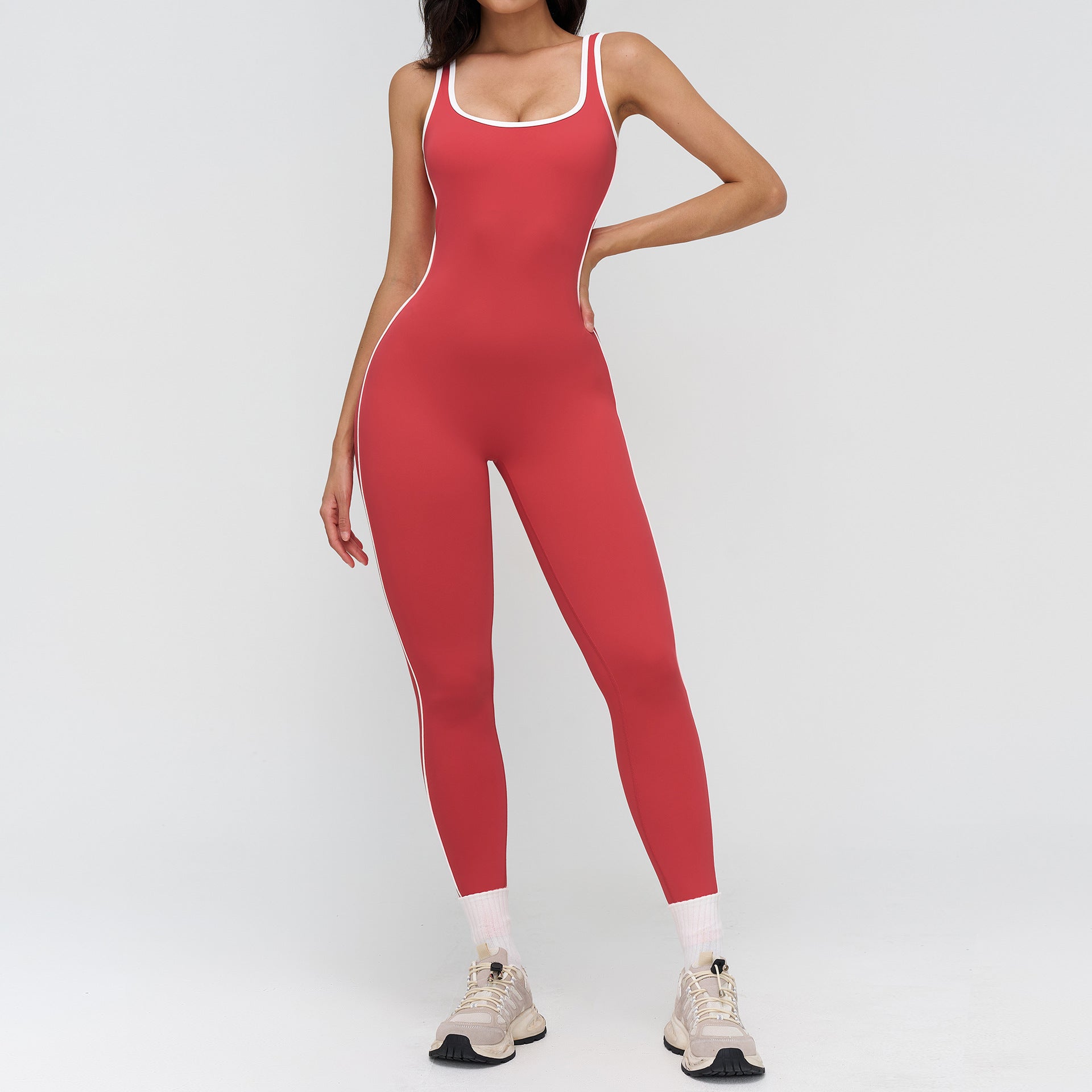 Women’s Barefeel Contrast-Trim Deep V Back Bodysuit Jumpsuit