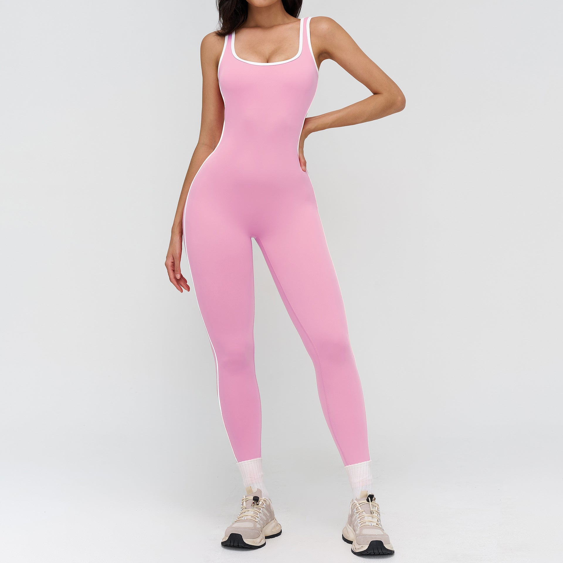 Women’s Barefeel Contrast-Trim Deep V Back Bodysuit Jumpsuit